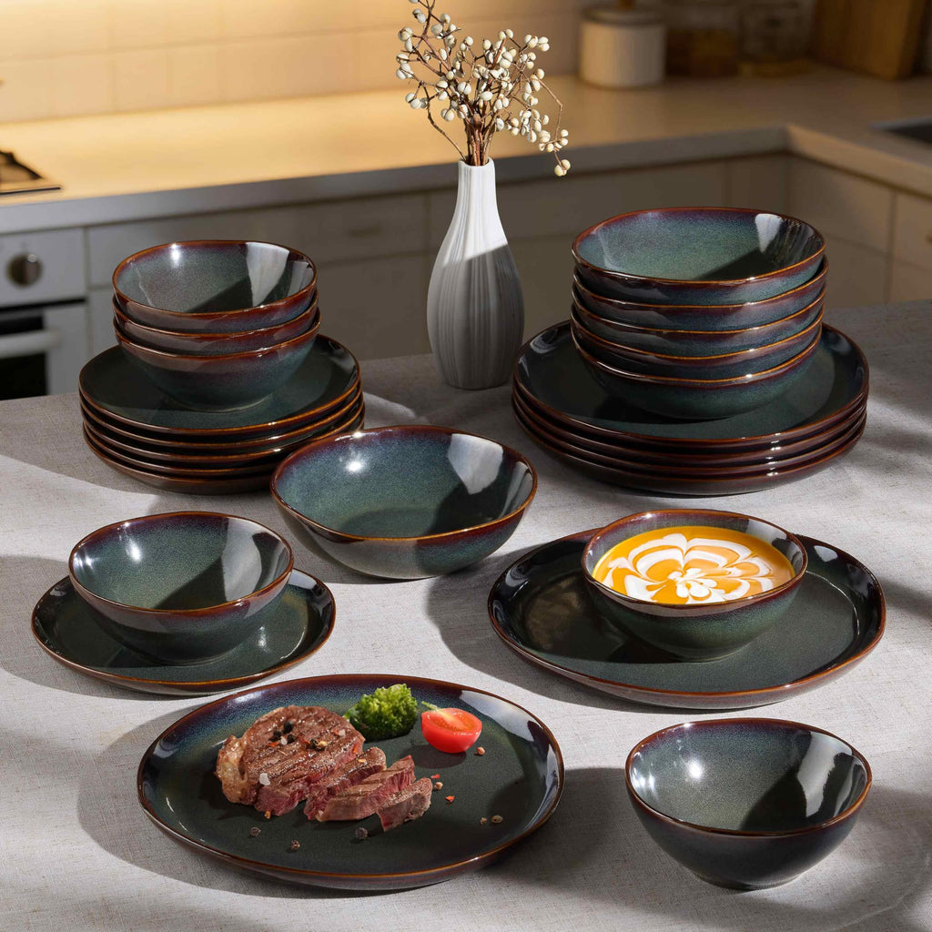 18PCS Dinnerware Sets for 6, Stoneware Plates and Bowls Dish Set, Irregular Handmade Dinner Ware Dishware Dinning