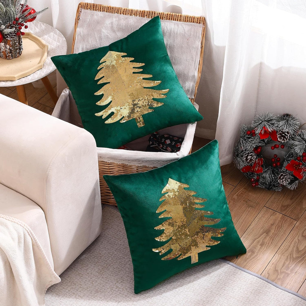 Christmas Pillowcases 18 x 18 inch Dark Green Xmas Tree Sequins Throw Pillow Cover Christmas Pillow case - Set of 2