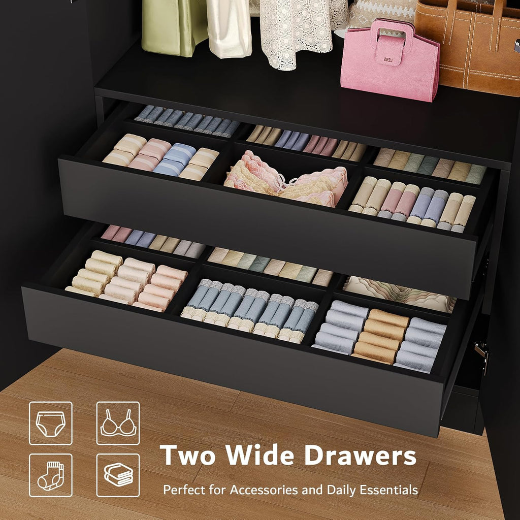 4 Doors Armoire Wardrobe Closet with 2 Drawers, 63" Large Wardrobe Cabinet with Removable Hanging Rods and Adjustable