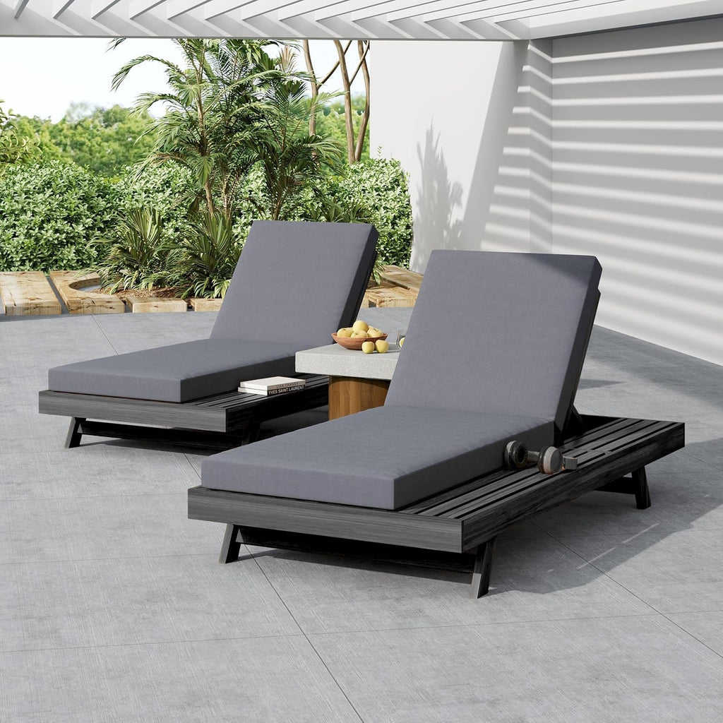 Acacia Wood Outdoor Lounge Chaise with Cushion, Adjustable Reclining Patio Chair, Sturdy Weather-Resistant Solid Wood