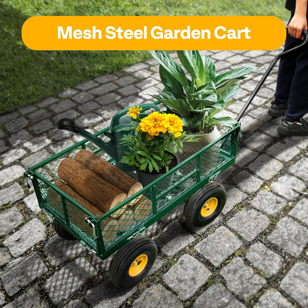 Heavy Duty 880 Lbs 4.5 Cu Ft Mesh Steel Garden Cart Utility Wagon | Removable Sides and 4.10/3.50-4" Wheels 10 inch