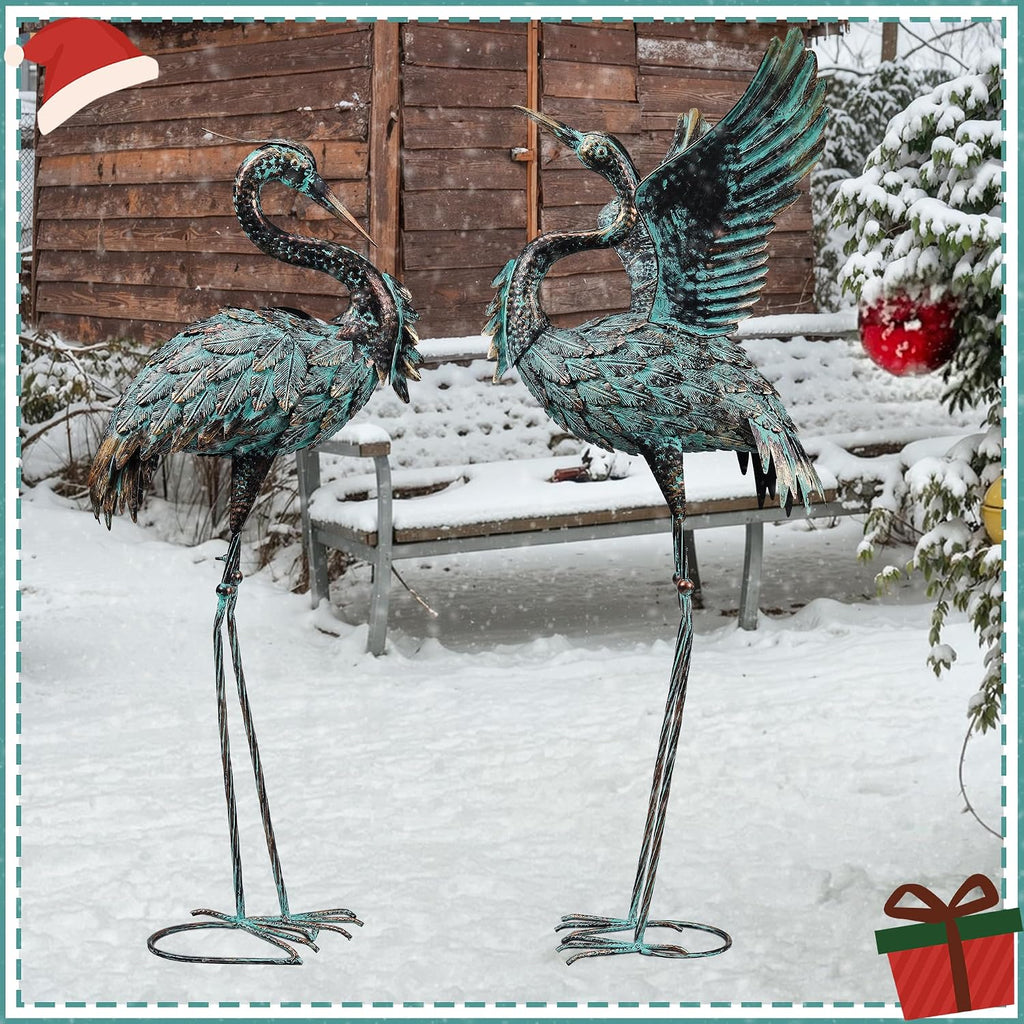 Large Garden Statues Set of 2, Metal Crane Sculptures, Bronze Heron Outdoor