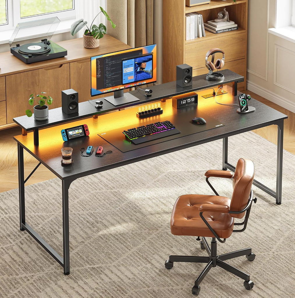 55 inch Gaming Desk, LED & Power Outlets, Monitor Stand, Black | Sturdy PC Desk , Study & Work, LED Lights, 4 AC
