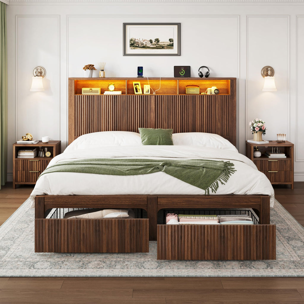 Queen Size Bed Frame with Headboard and 2 Storage Drawers, Walnut