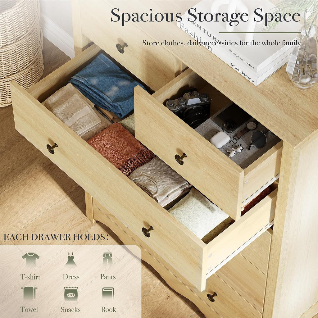44" Tall Dresser with 6 Drawers (Natural) | Modern, Farmhouse, Metal Handle, Natural, Wood-grain Finish, Organizer