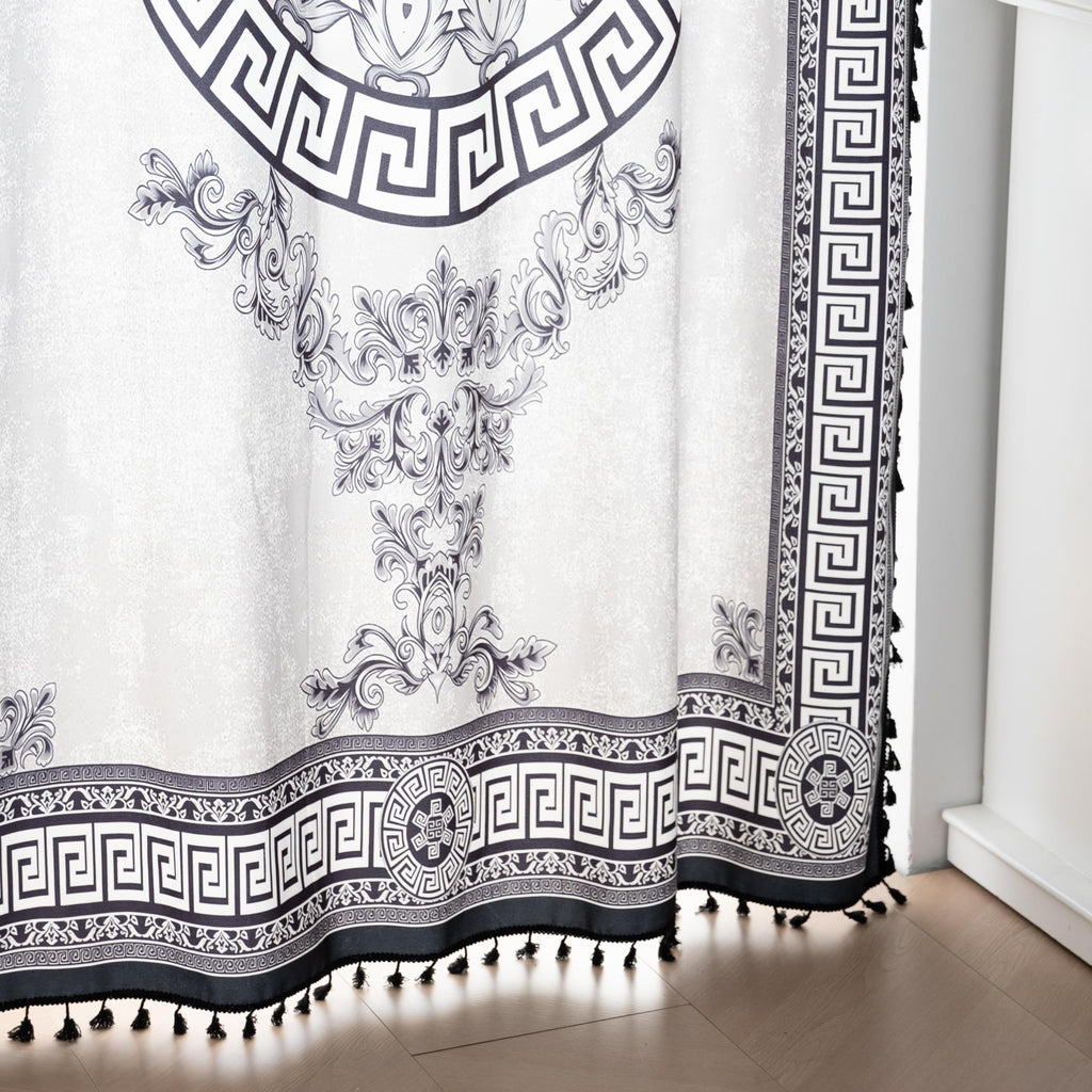 Black Medallion Curtains 63 Inches Long, Boho Farmhouse Light Filtering Rod Pocket Drapes with Tassel Trim Living