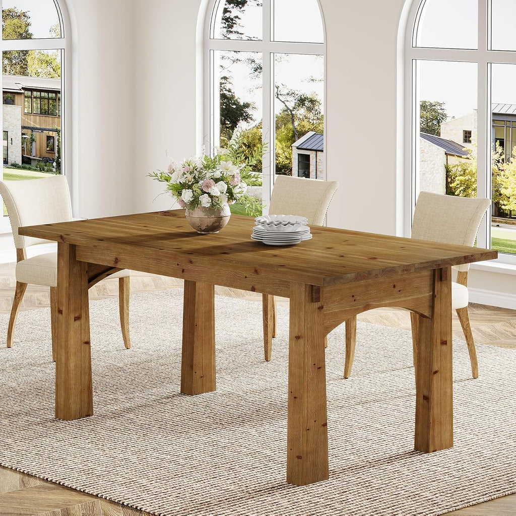 Solid Wood Dining Table for 4-6 People, 63-Inch Farmhouse Kitchen Table with Rich Grain and Texture, Wooden