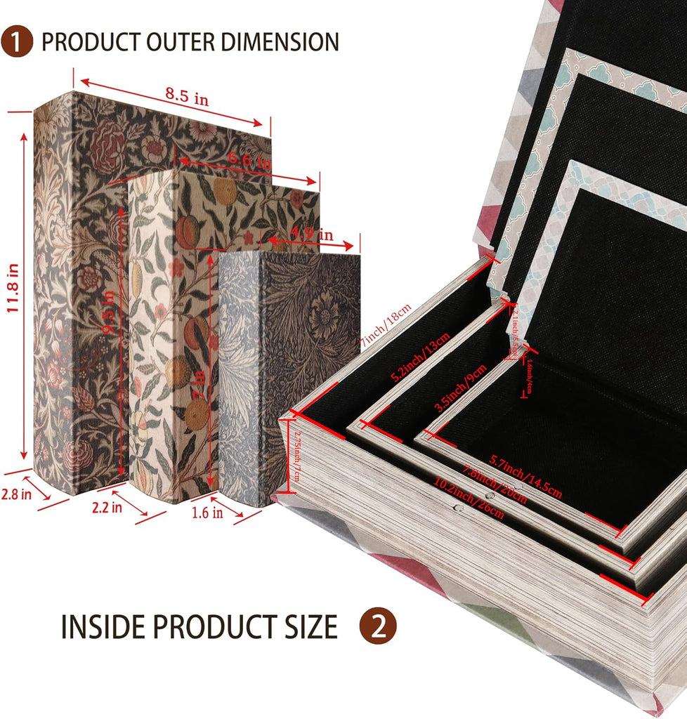 Wooden Book Box Set of 3 - Vintage Floral Designs with Linen Fabric Covers and Magnetic Closure, William Morris Style
