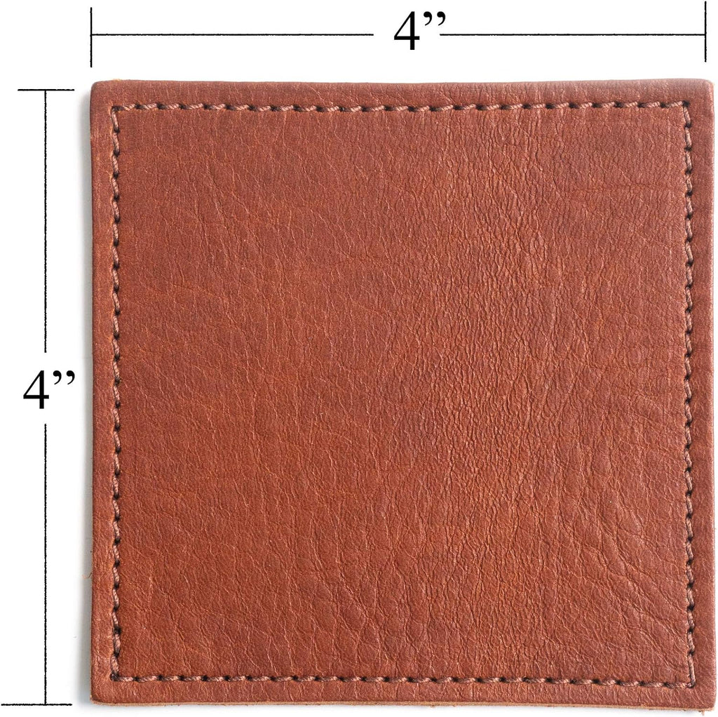 American Made Leather Coasters - Premium Full Grain Leather, Double Layered Square Rustic Brown Coaster Set, 4"x4" - Set of 4