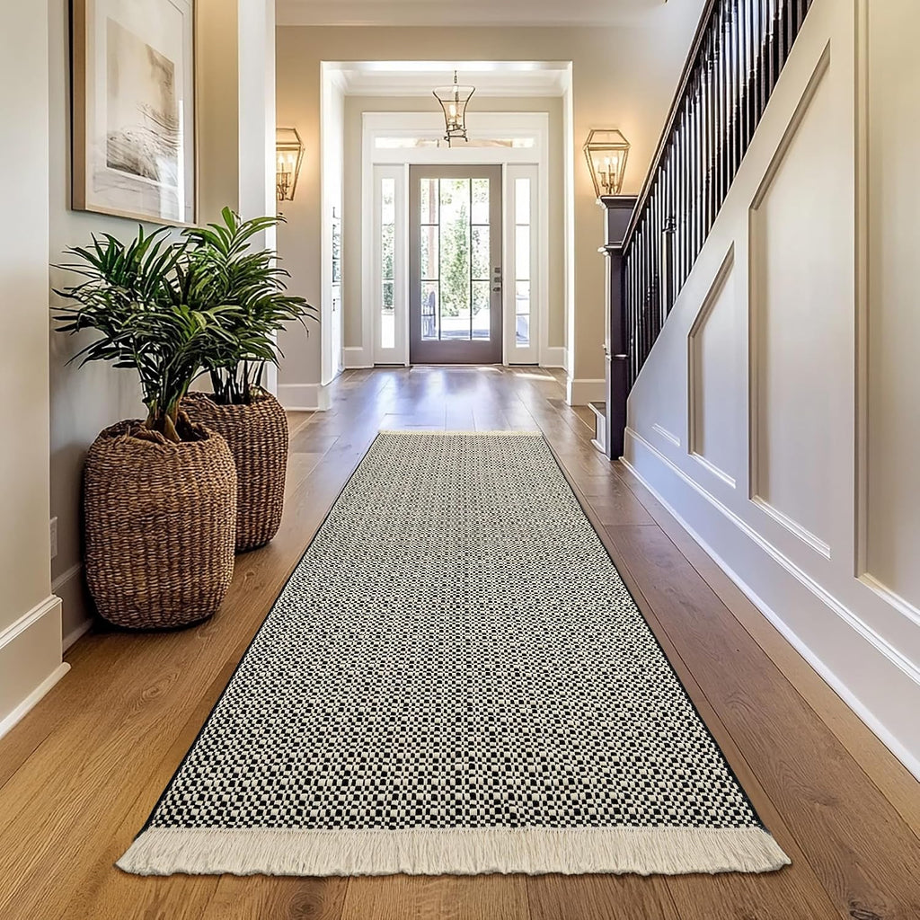 Checkered Runners 2'6''x8 Long Washable Runner Rug with Tassels Cotton Woven Entryway Rugs Checkerboard Indoor Carpet