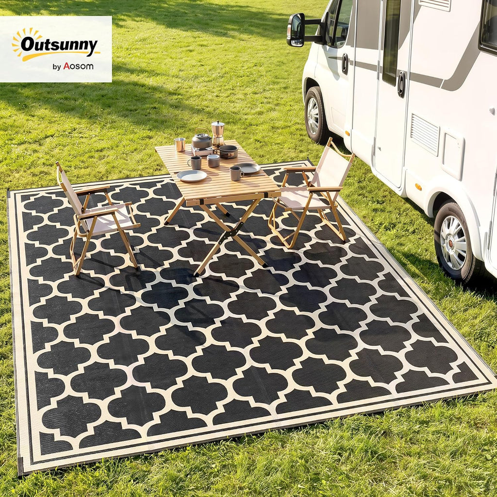 9' x 12' Reversible Outdoor Rug, Black & Beige