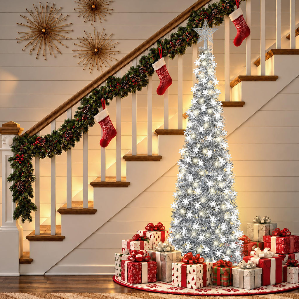 5FT Pop-up, Christmas Decor Silver White Snowflake with Timer String Lights, Collapsible Artificial Pencil Tree Xmas
