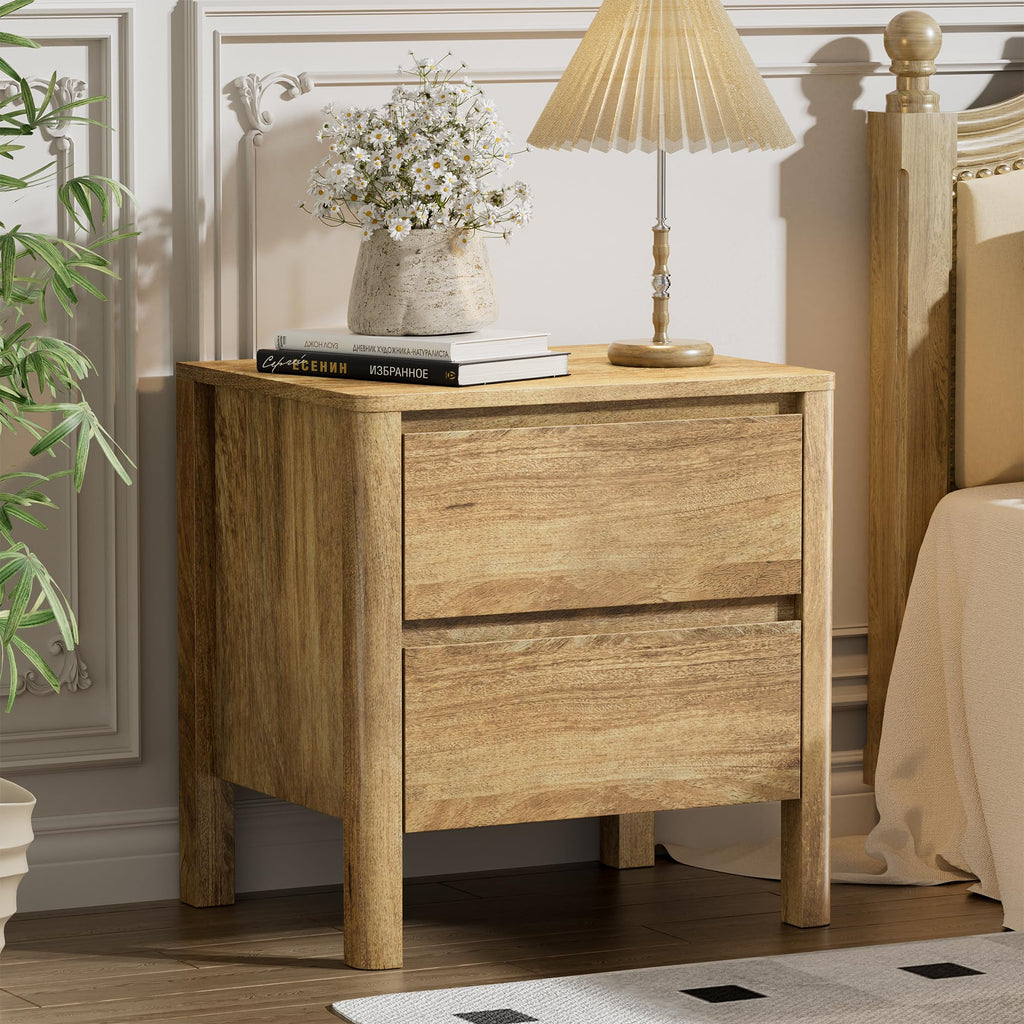 Mid Century Oak Nightstand with 2 Drawers, Modern Wooden Bedside Table with Hidden Handles and Wood Legs