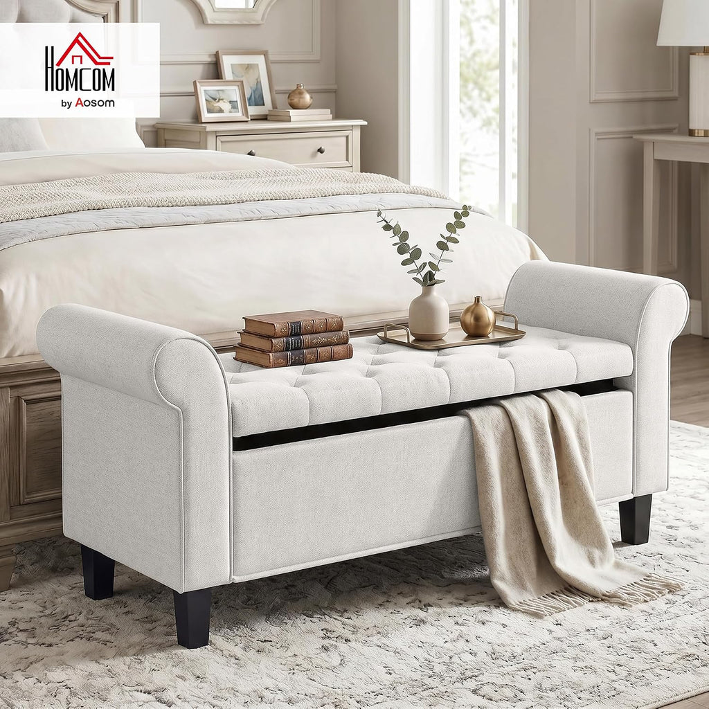 47" Storage Ottoman End of Bed Bench with Rolled Arms Cream White | Long Ottoman with Storage Chest, Safety Hinge