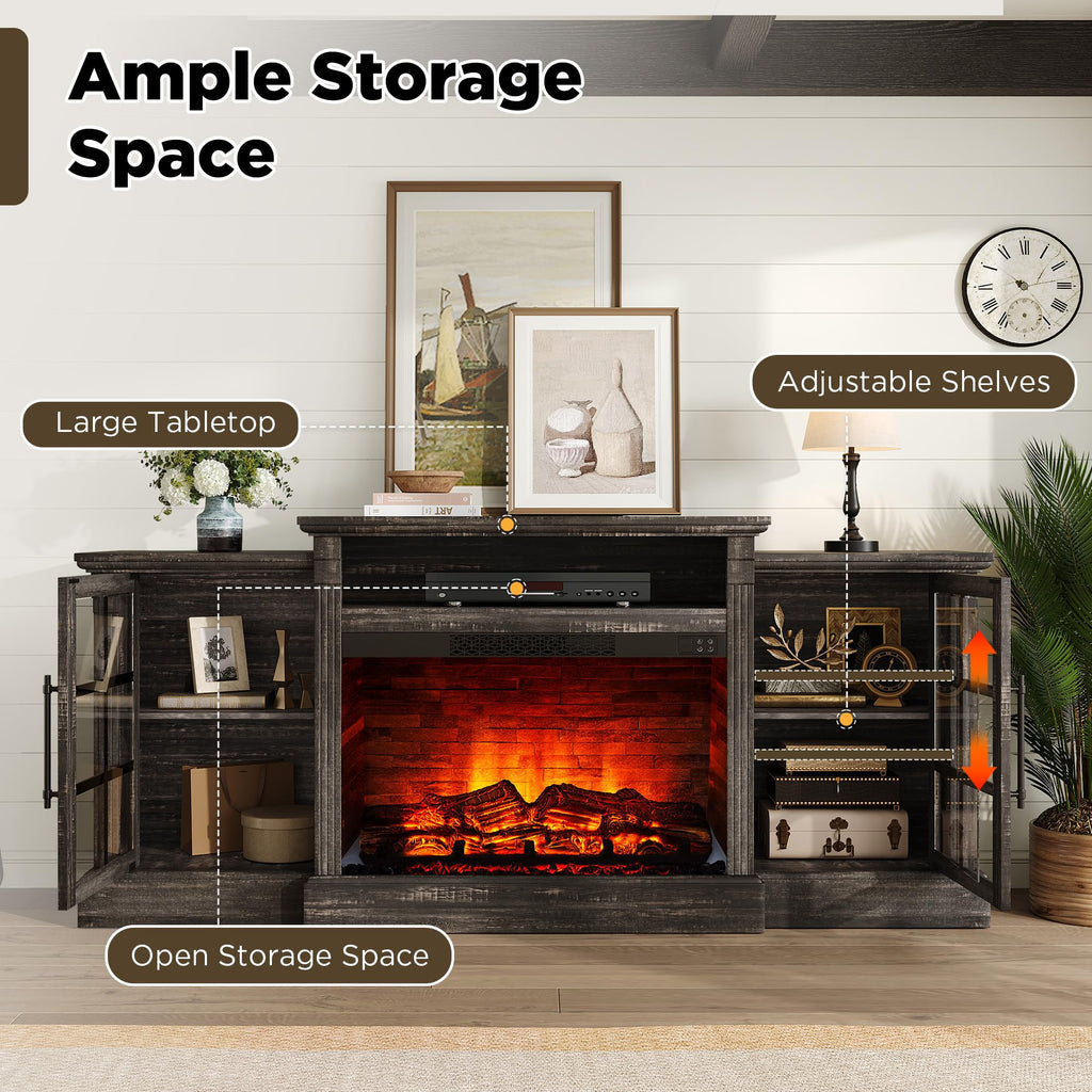 70" Farmhouse TV Stand with 28" Fireplace, Rustic Black