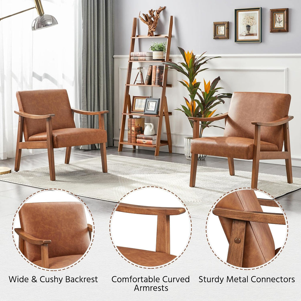 Accent Chairs, Mid-Century Faux Leather Armchairs, Light Brown