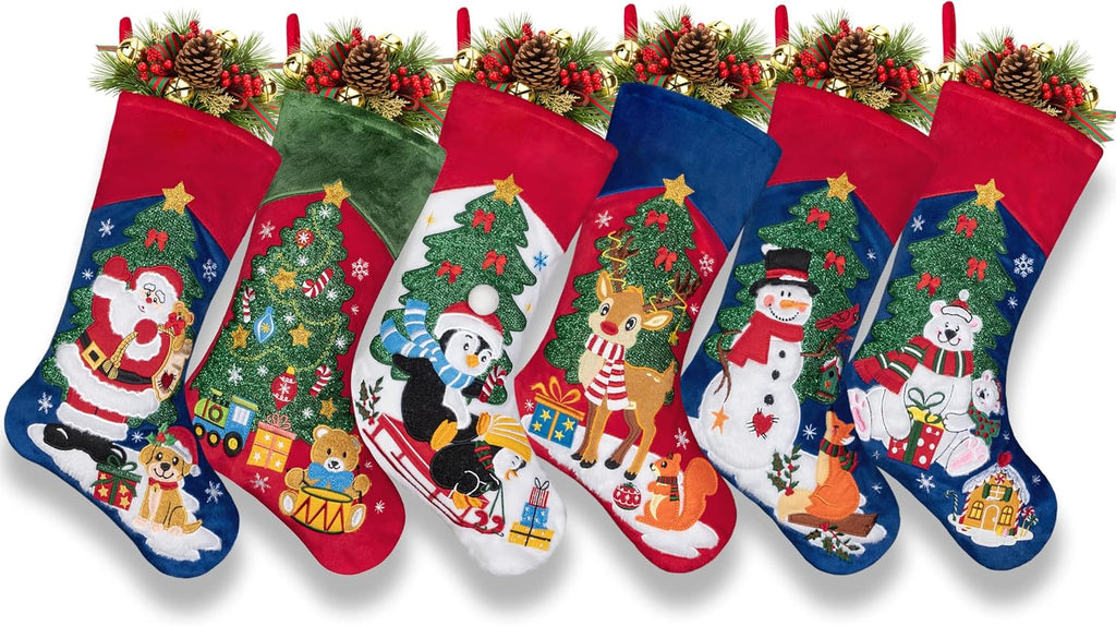 Set of 6 Christmas Stockings Embroidered 20" Velvet Large Family Xmas Tree Stocking 6 Pack Shining Cute Cartoon Soft