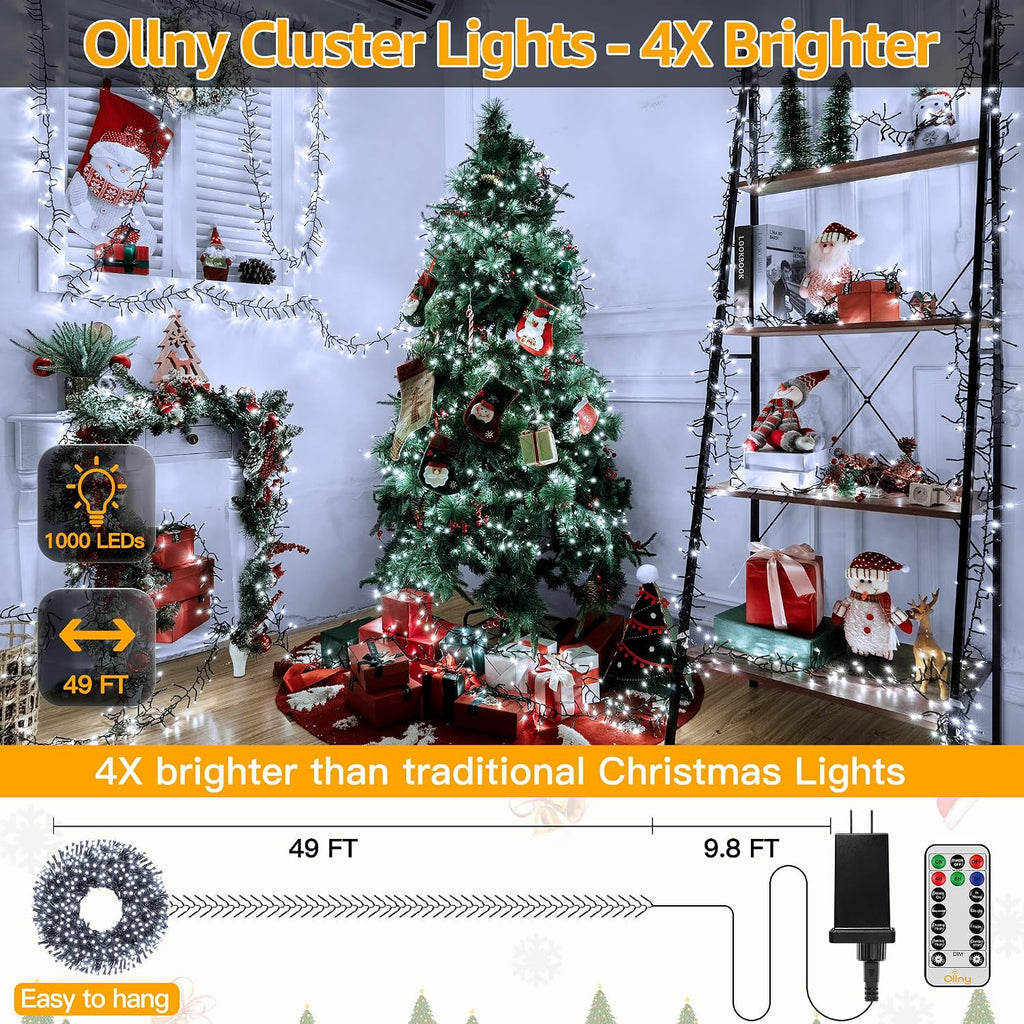 Cluster Lights Christmas 1000LED 49FT, Cool White Plug in Tree Light