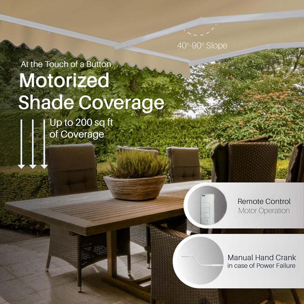 Electric Patio Awning Caribbean White Frame 20x10 Desert Sand | Retractable sunshade for decks and balconies