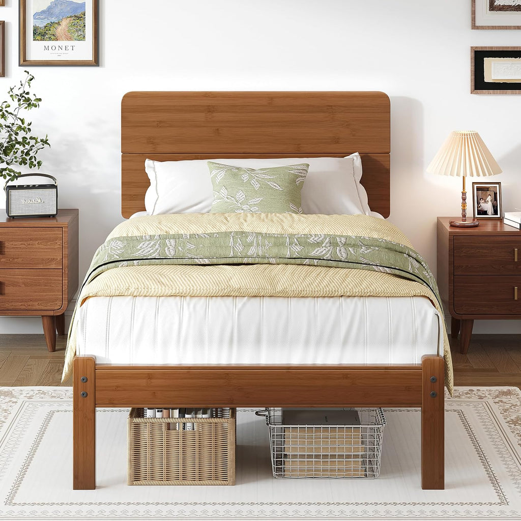 14in High Solid Bamboo Wood Platform Queen Bed Frame with Headboard, Reinforced Heavy Duty Metal Slats, Noise Free
