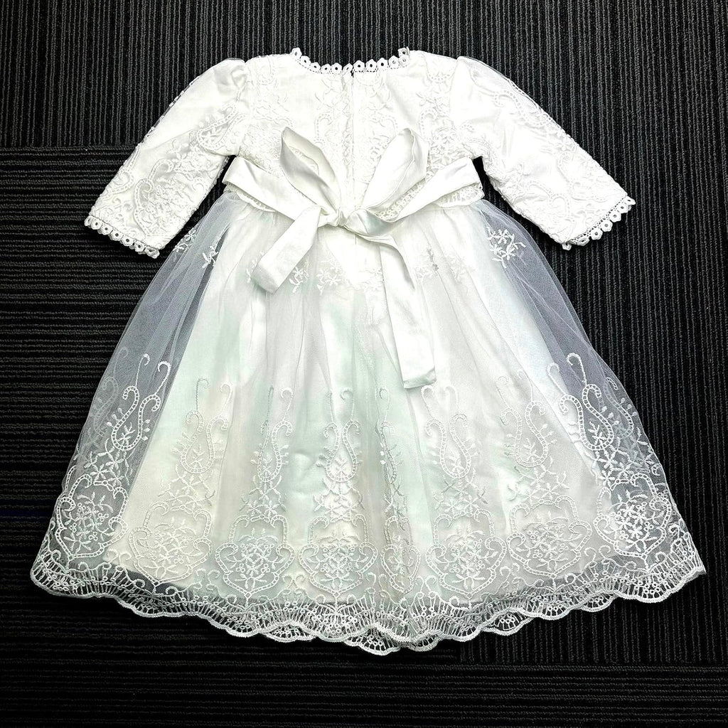 Baby Girls Long Sleeve Christening Dress Classic Embroidered Baptism Tulle Dress