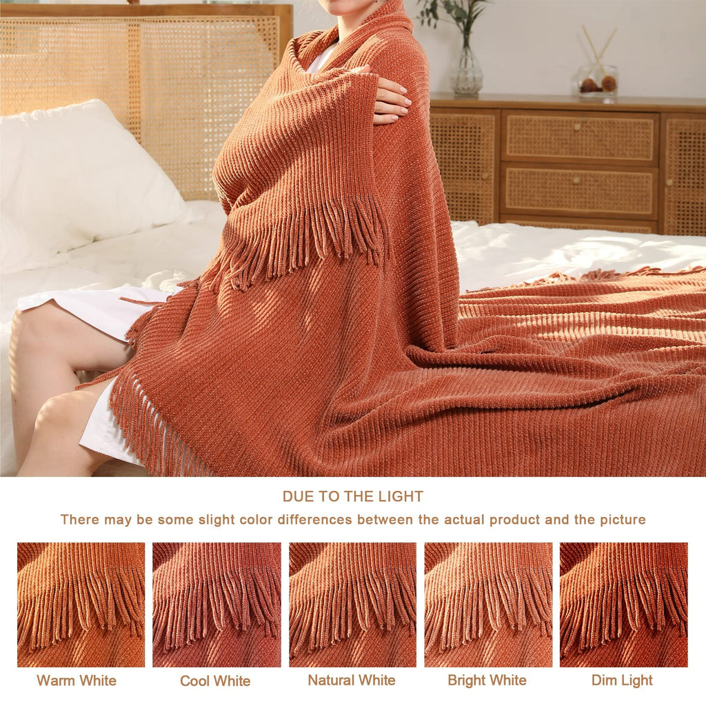 Chenille Throw Blanket for Couch and Bed, 60" x 80", Maple Brown