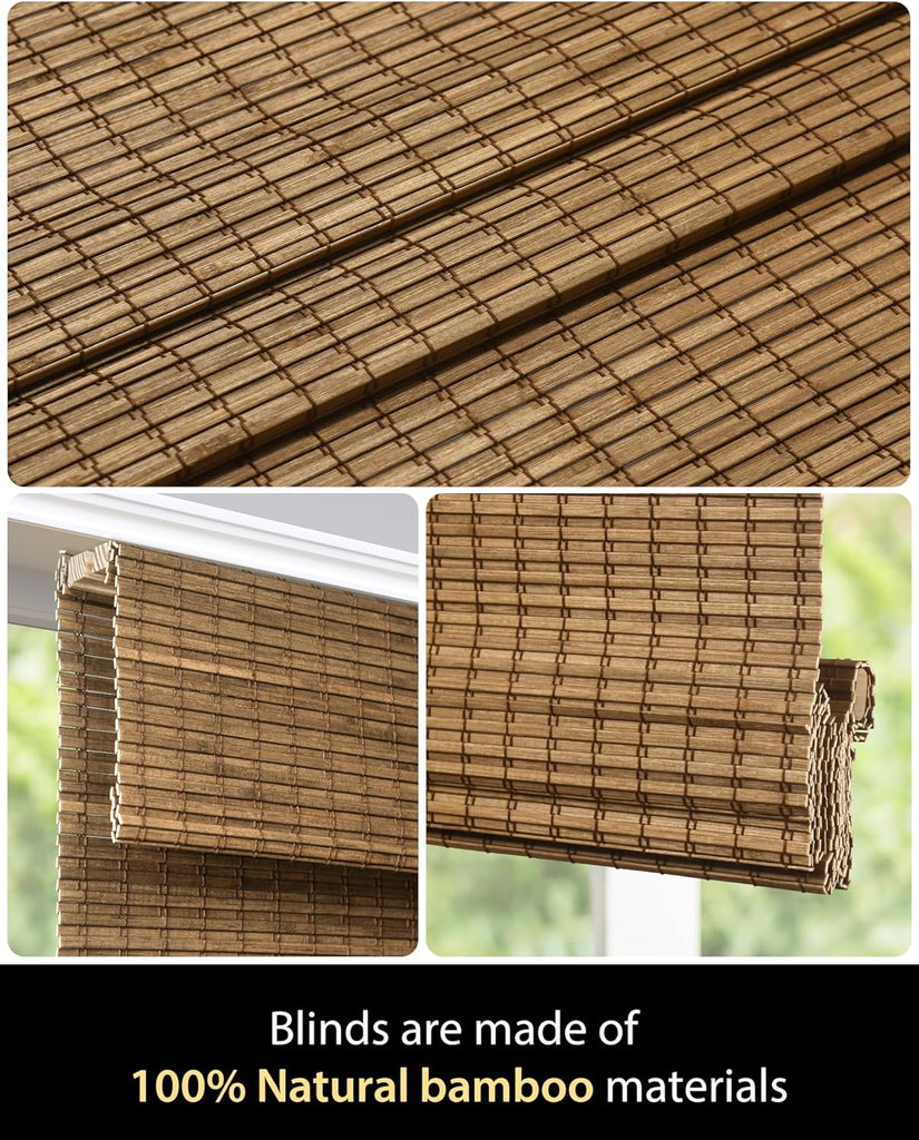 Cordless Bamboo Roman Shades, 35×64 in, Highfield Teak | Wide Bamboo Strip Weaving Technique, High light-blocking