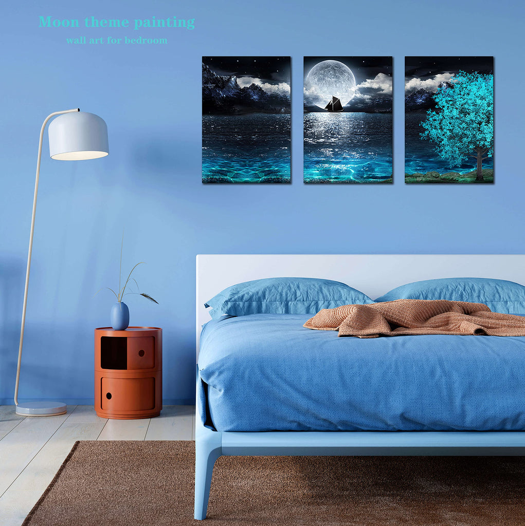 Moon Wall-Art - Teal Wall Art - Ocean Tree Home Wall Decor 3 Pieces Framed Canvas Art 16x24 Inches