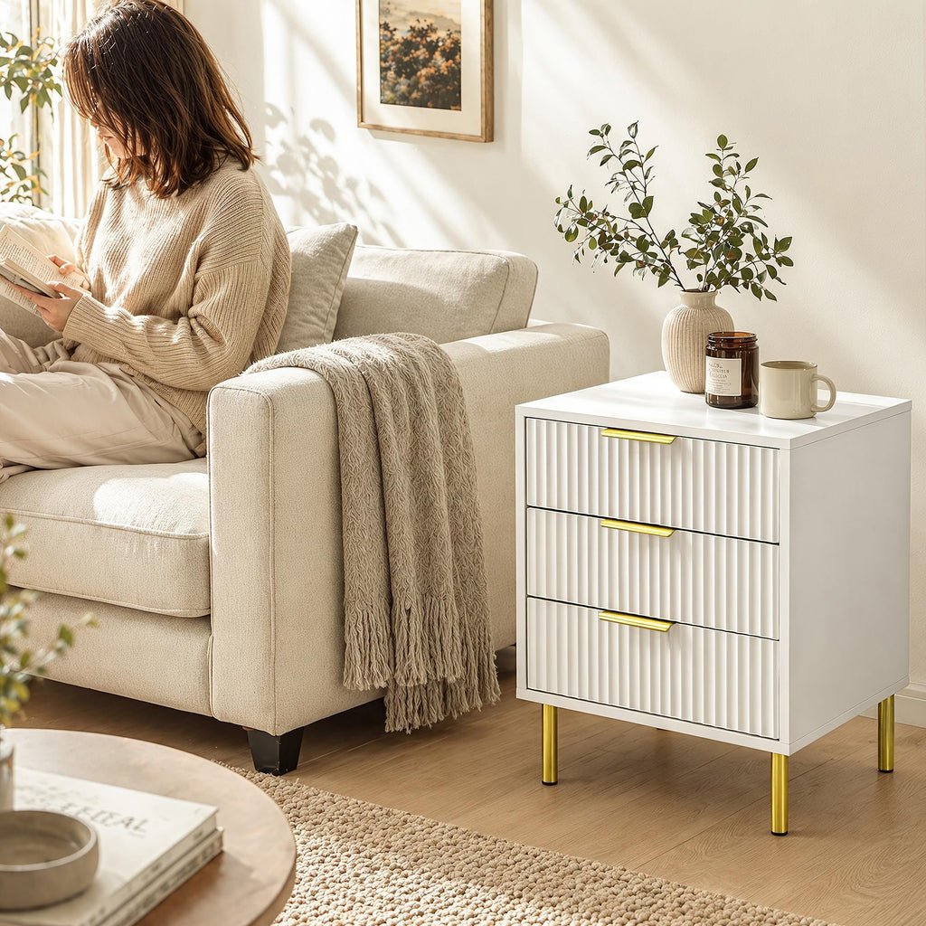 White and Gold Nightstand, 24" Tall Fluted Bedside Table, 3 Drawers