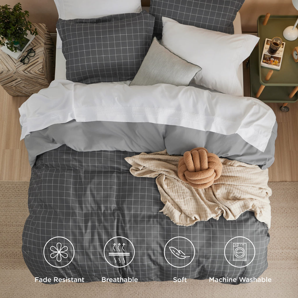 Duvet Cover - Reversible Plaid Duvet Cover Set with Zipper Closure, 2 Pieces Dark Grey Bedding Set with 8