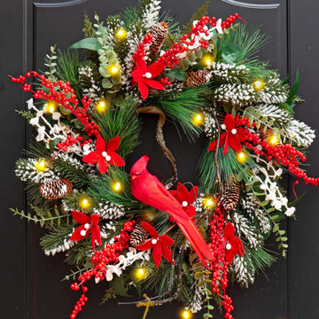 Christmas Wreath with Lights, 24 Inch Lighted Christmas Wreaths for Front Door with Pine Needles and Berries, Large