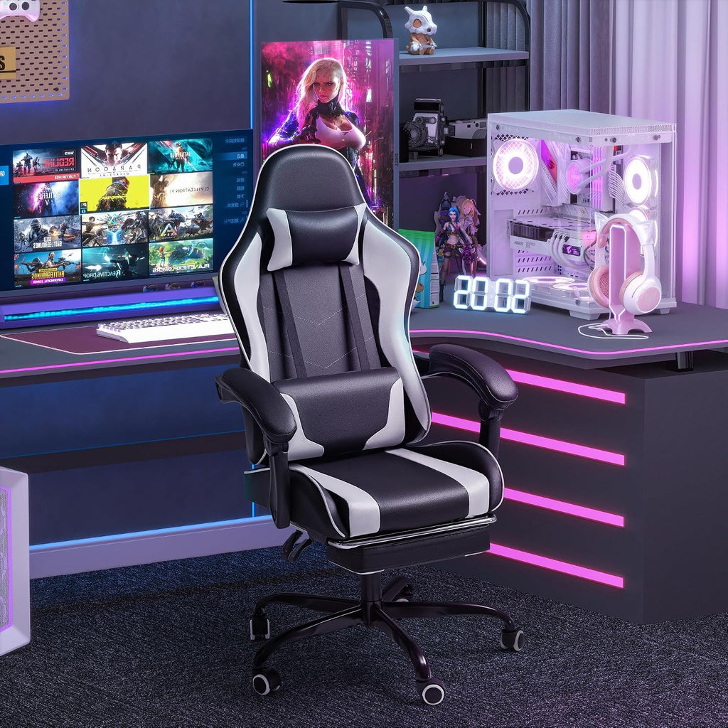 Gaming Chair, Video Game Chair with Footrest and Massage Lumbar Support, Ergonomic Computer Chair Height Adjustable
