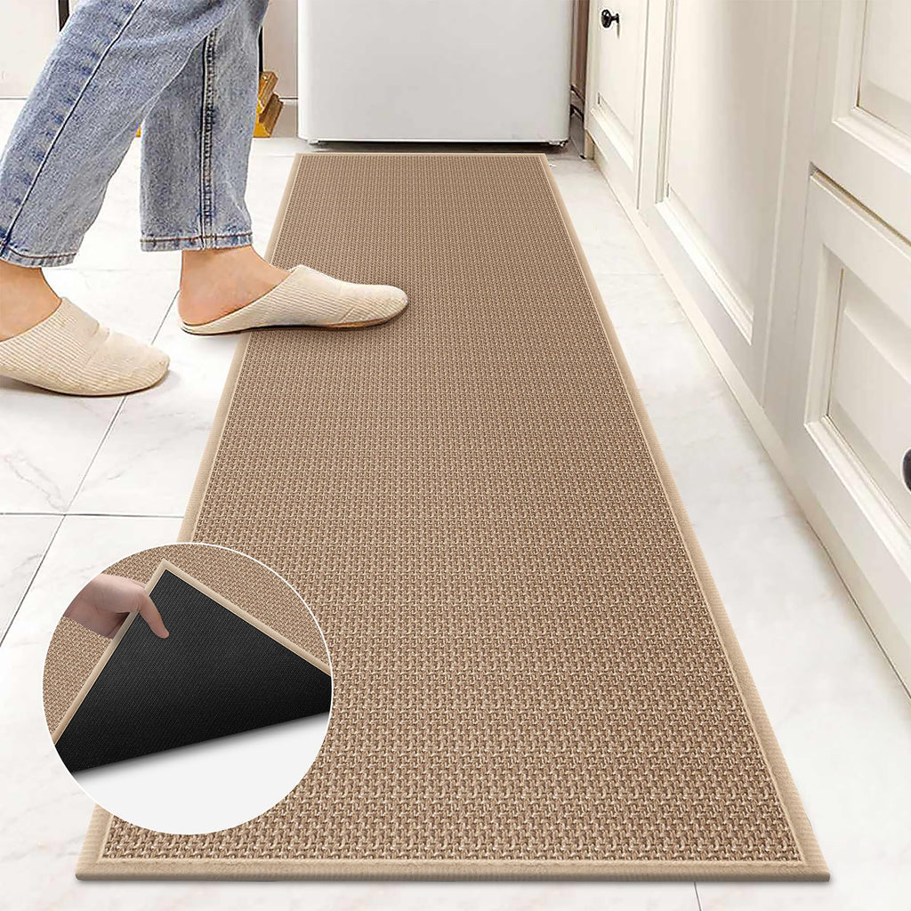 8ft Natural Jute Hallway Runner Rug Non Slip Washable, Rubber Backed Long Khaki Indoor Entryway Runner, Absorbent