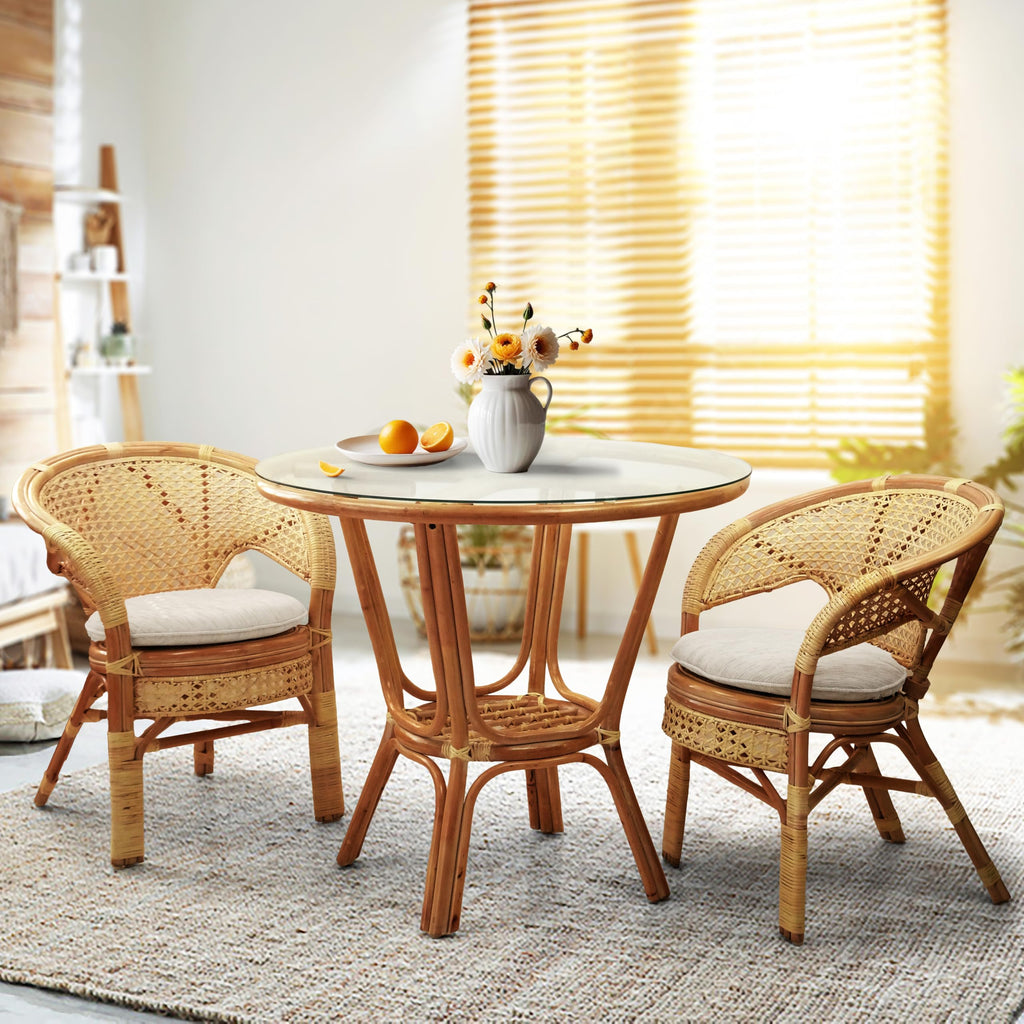 Denver Rattan Wicker Round Dining Table with Glass Top, Colonial Color