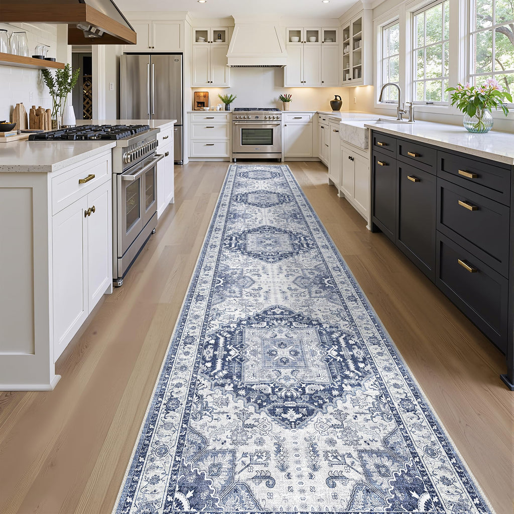 Washable 2.6x16 Runner Rug, Non Slip Long Hallway Runner Navy/Blue