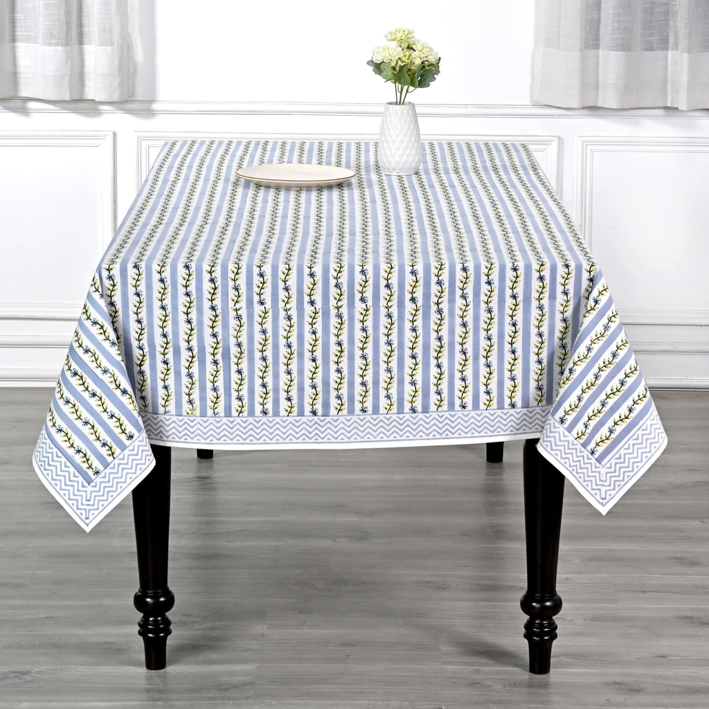 Blue Meadow Vine Hand Block Print Rectangle Tablecloth 90x60 Inch