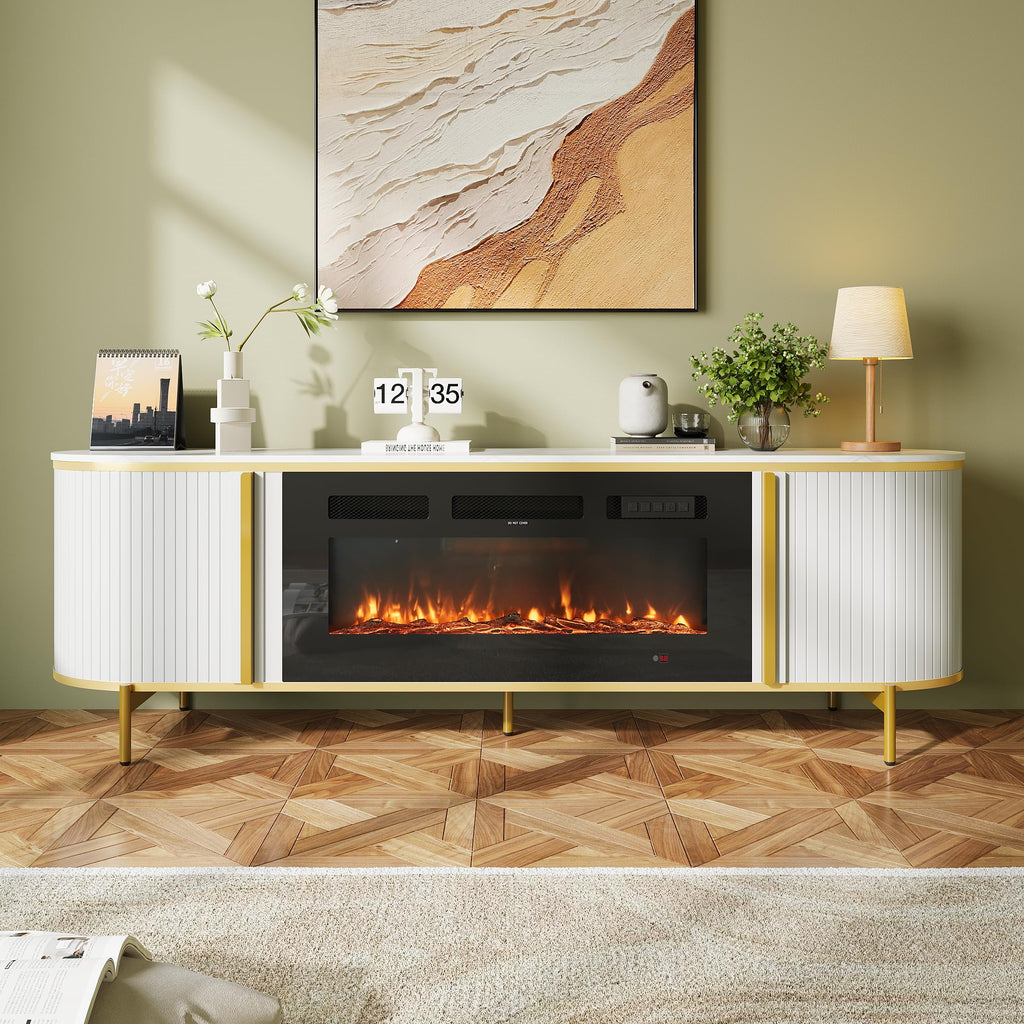 Luxury Fluted TV Stand with Fireplace, 70 inch, White
