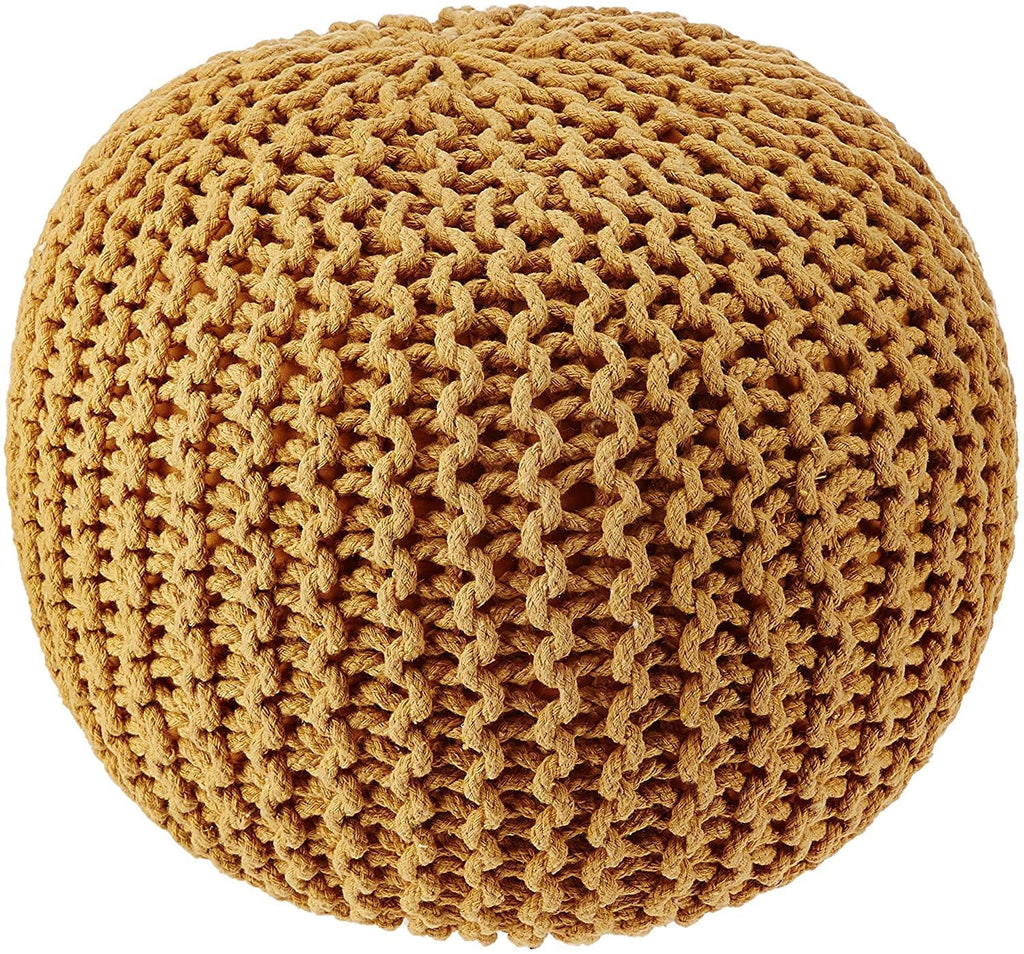 Round Pouf Ottoman - Hand Knitted Boho Poof - Mustard, Set of 2