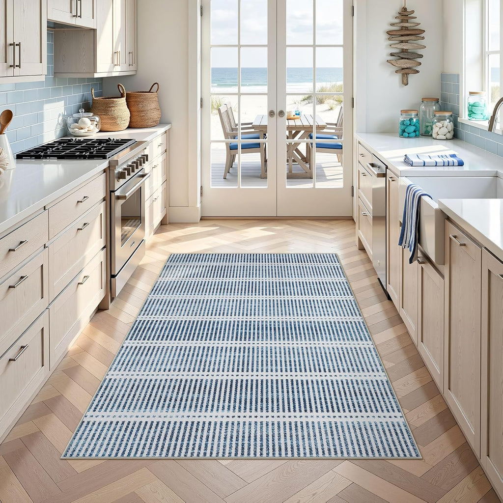 Ultra Thin Modern 3x5 Washable Area Rugs, Non-Slip Small Bedroom Kitchen Rugs, Blue Striped Farmhouse Indoor Carpet