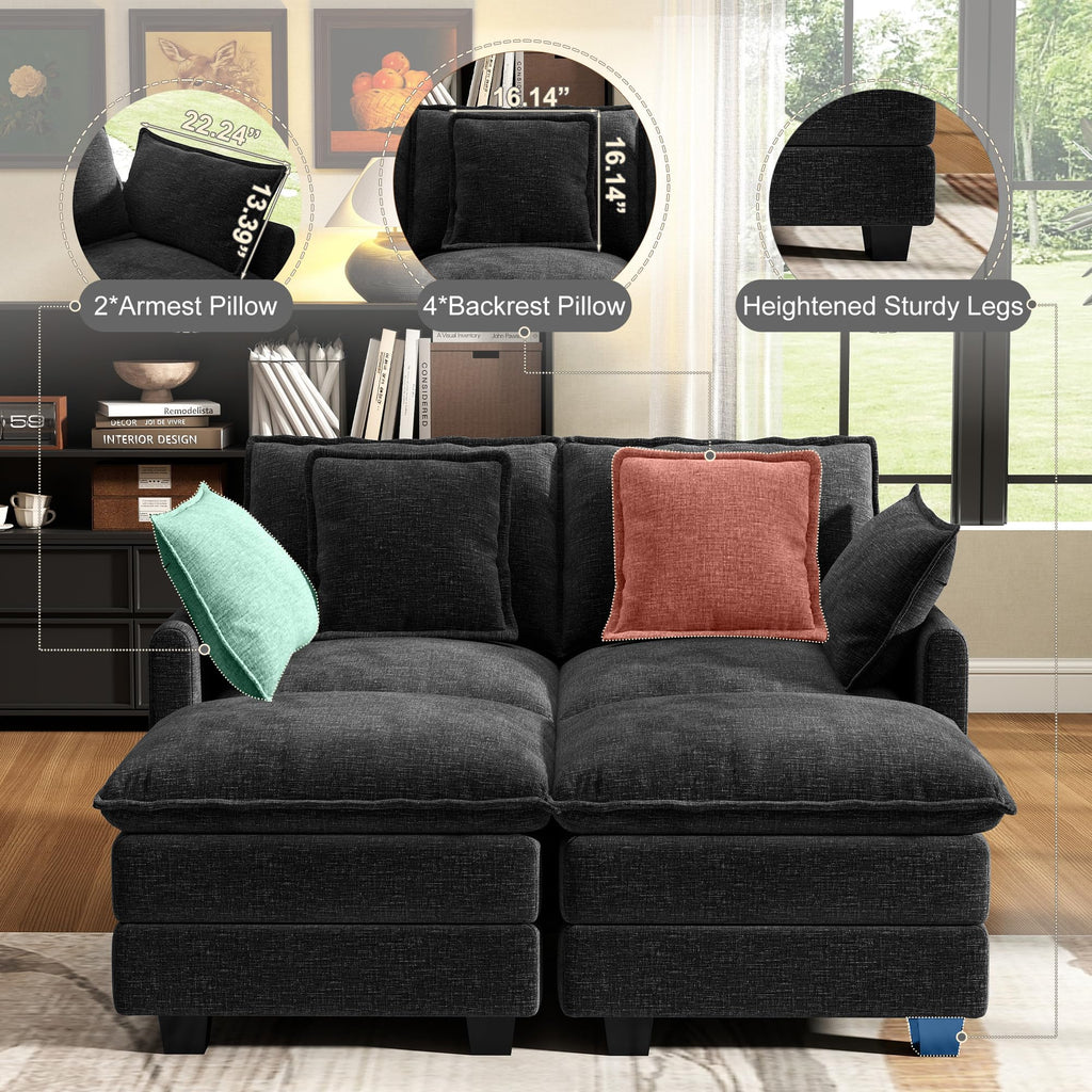 58" Cloud Couch Sectional Modular Sofa, Deep Seat Couches with Ottoman and Removable Washable Pillows, Black