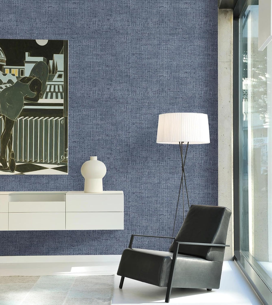 Denim Blue Grasscloth Peel and Stick Wallpaper 15.7inch x 393.7inch | Textured Contact Paper Blue Faux Linen