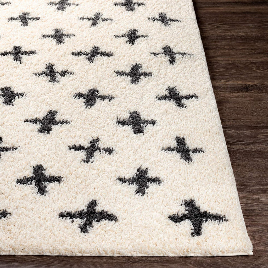 Area Rugs - Soft Mora Moroccan Boho Black Cream Shag Rug Bedroom - Large Geometric Plush Pile Stain Resistant