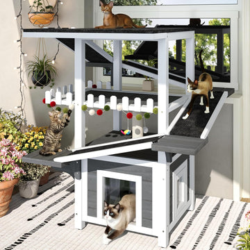 4-Tier Weatherproof Cat House, Wooden Outdoor Cat Tree with Ramps, Balcony and Scratching Post (Grey, White)