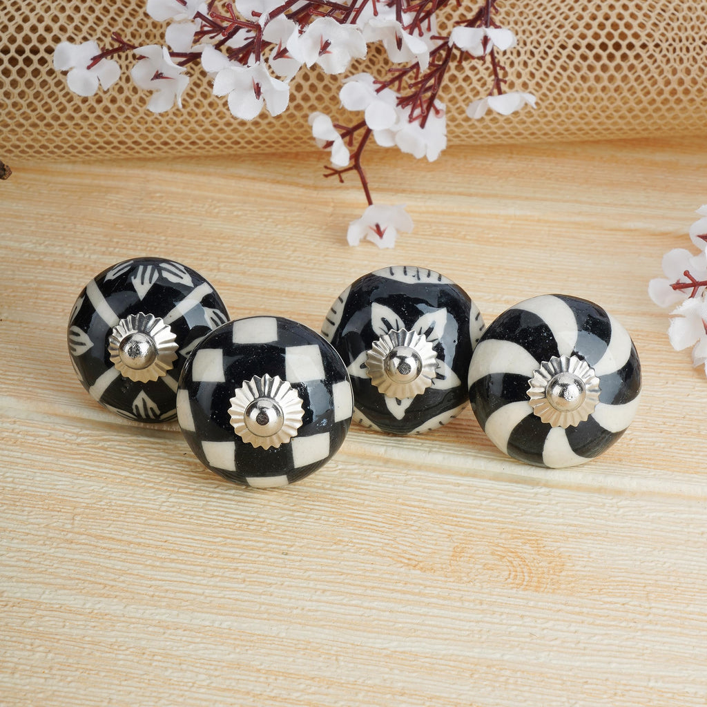 Ceramic Cabinet Knobs Set 12 Black White Hand Painted Floral Handles