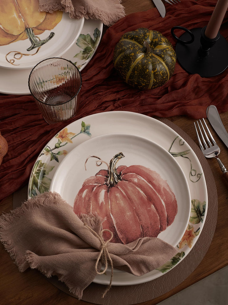Pumpkin Feast Dinner Plates Set of 4, 11 Inch Large Ceramic Plates for Pasta, Steak, Stylish Serving Dishes