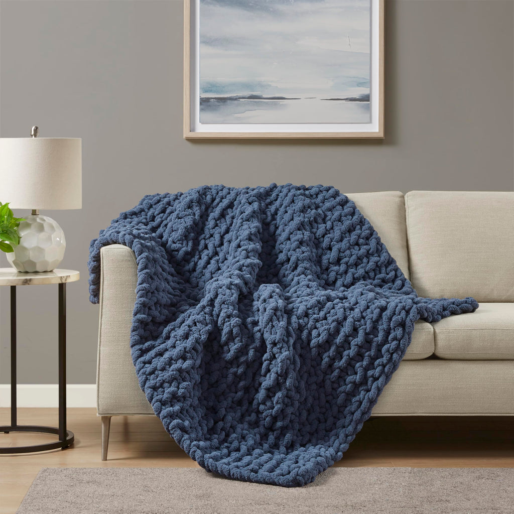 Chenille Chunky Knit Throw Blanket, 50 x 60", Navy Blue