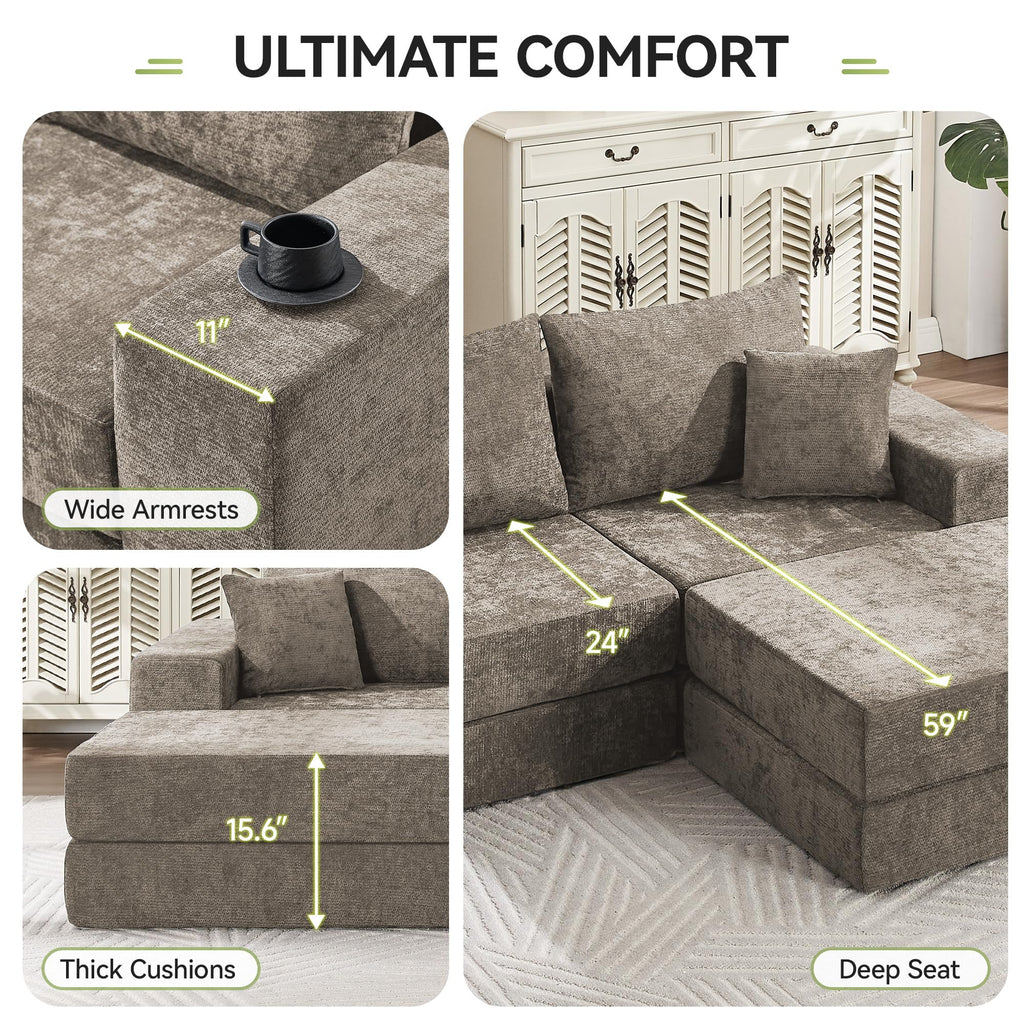 79" Boneless Cloud Modular Sectional Loveseat Sofa Couch, Brown