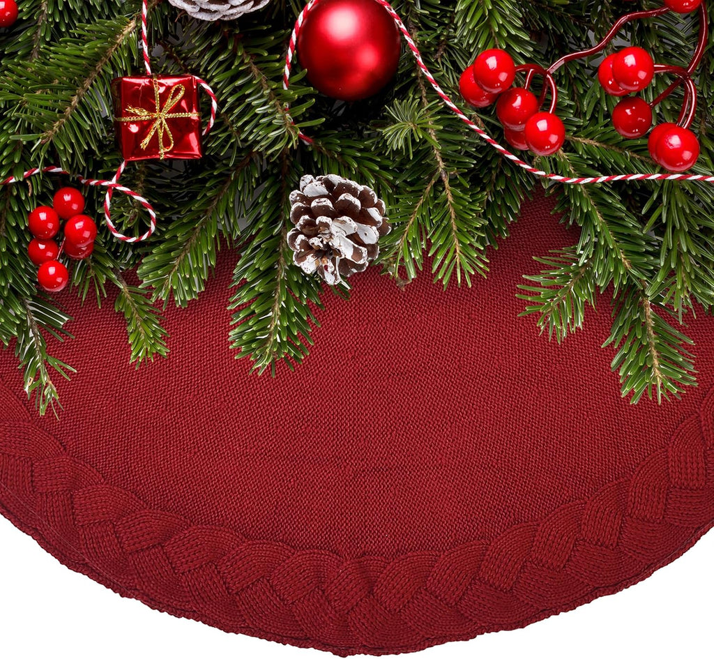 Christmas Tree Skirt, 36", Red Knitted Christmas Skirt Tree
