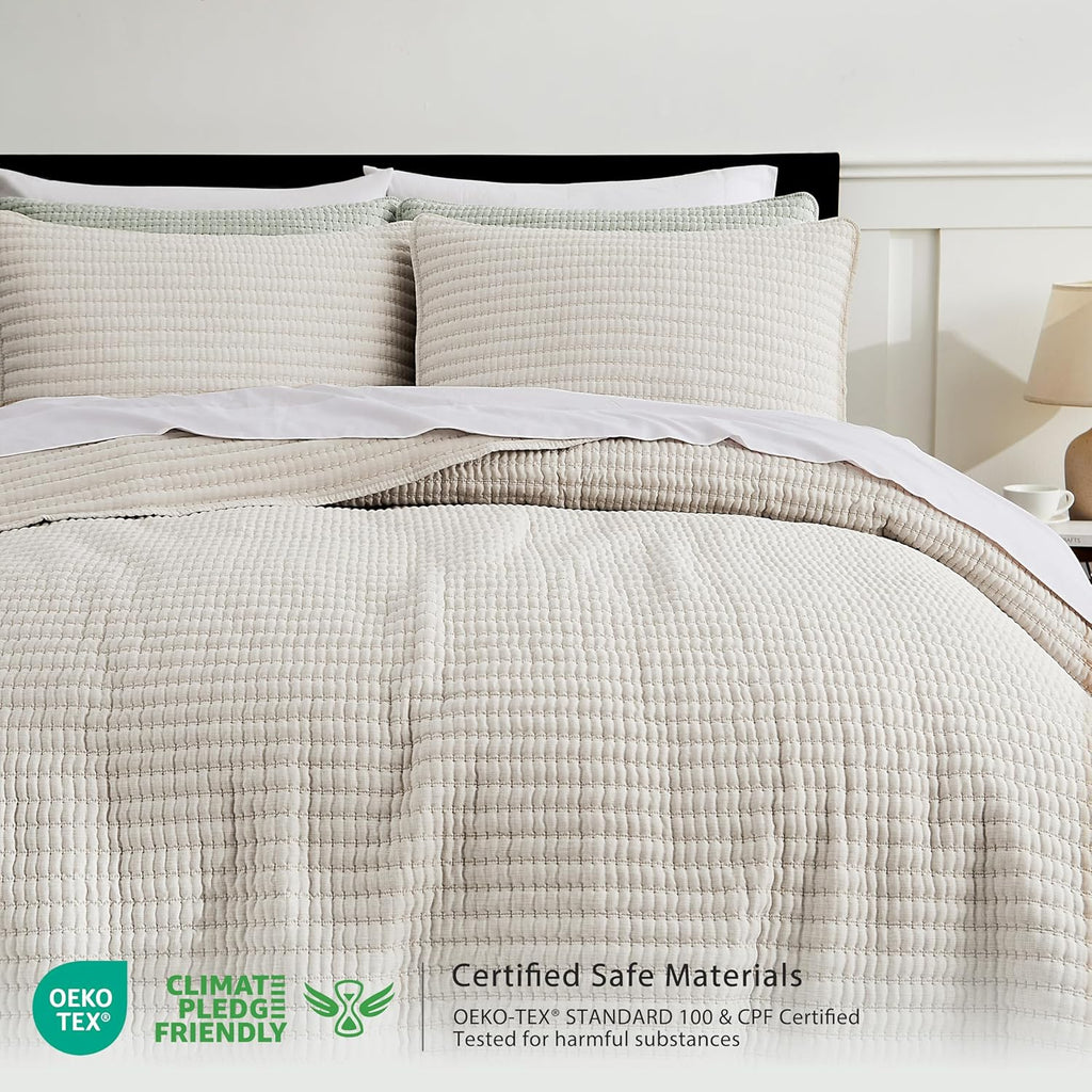Beige Pick Stitch Oversized King Quilt Set, California King Striped Lightweight Soft Summer Spring Bedspread, Bamboo