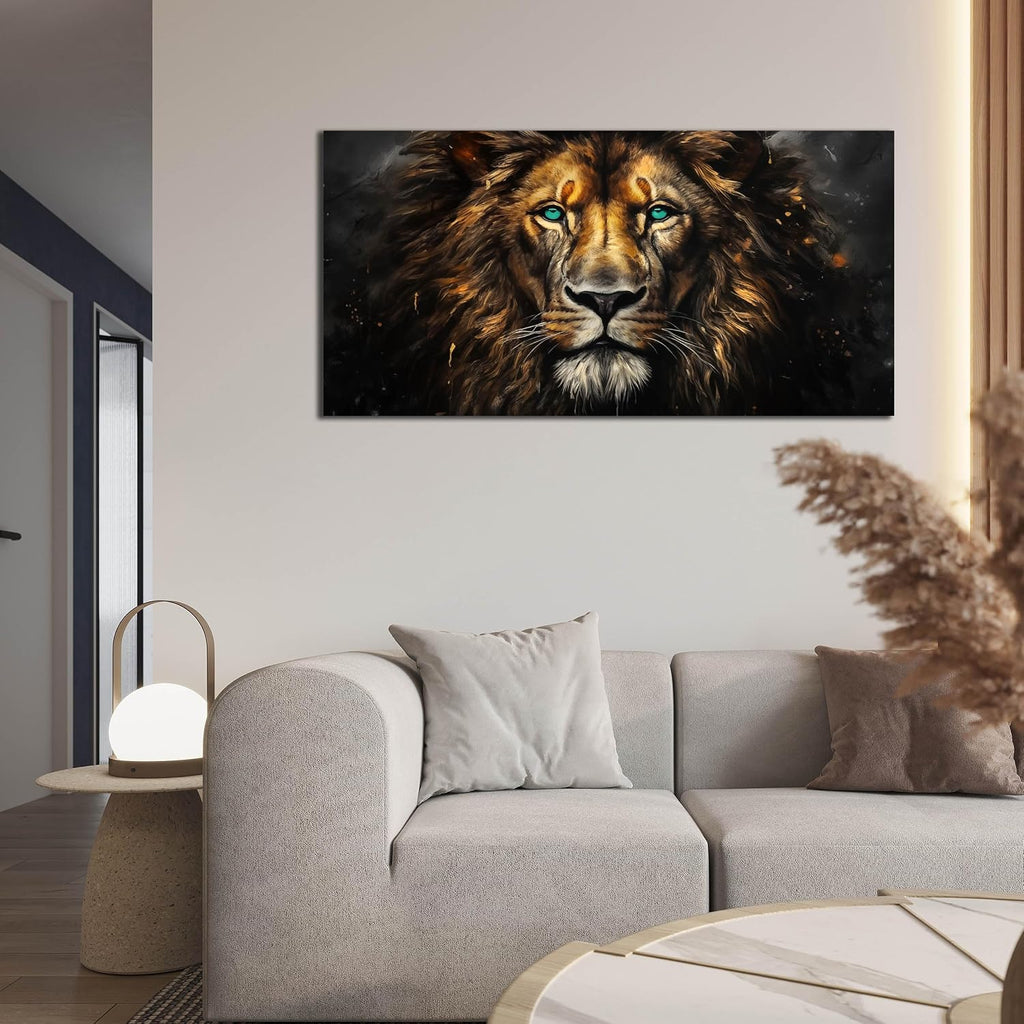 Canvas Wall Art Decor - Golden-Brown Lion with Blue Eyes Wildlife Wild Animal Picture Print Artwork - Ideal Teen